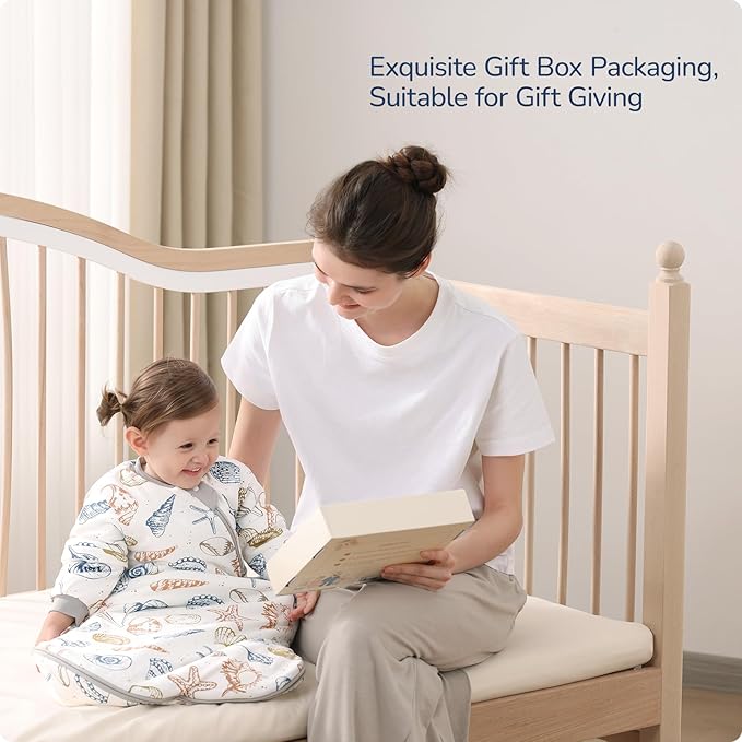 Baby Sleep Sack 3-6 Months, Cotton Detachable Long Sleeve Sleep Sack, 2.5 Tog Toddler Sleeping Sack with Temperature Strips, 2-Way Zipper Wearable Blankets for Newborns, Ocean