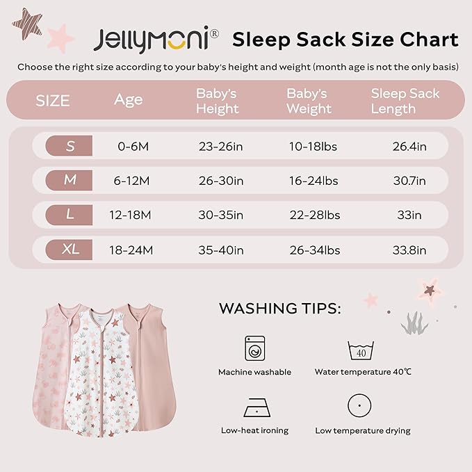 JELLYMONI Baby Sleep Sack 18-24 Months 0.5 Tog Wearable Blanket for Baby, 100% Cotton 3 Pack Infant Toddler Sleeping Sack Lightweight Soft 2-Way Zipper Sleepsack