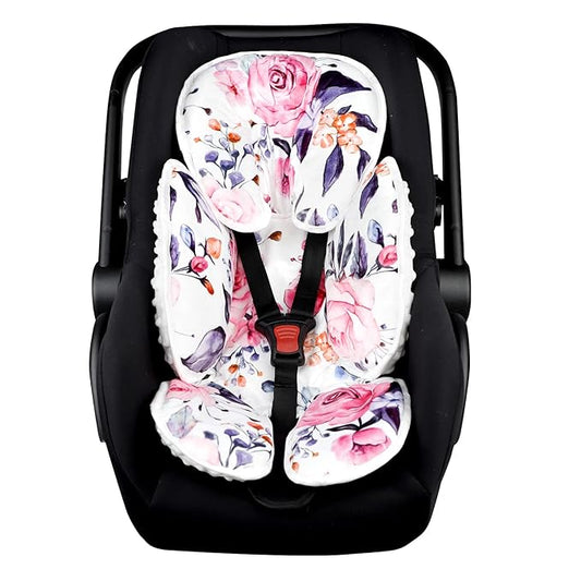 Pea Pod Baby Car Seat Head Support for Newborn, 2 in 1 Infant Car Seat Head Body Support for Girls Extra Soft Breathable Baby Car Seat Cushion Insert for Strollers, Swings, and Bouncers, Pink Floral