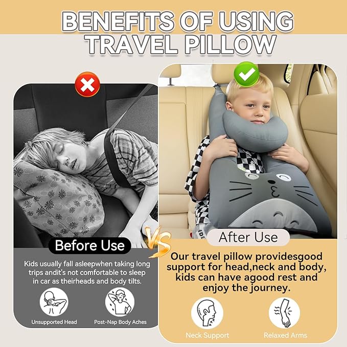 Travel Pillow,Car Pillow Kids Travel Pillow Car seat Pillow U Shaped Pillow for Travel Skin-Friendly Material The Sleeping Aid for Adults and Kids on Road Trips (Gray)
