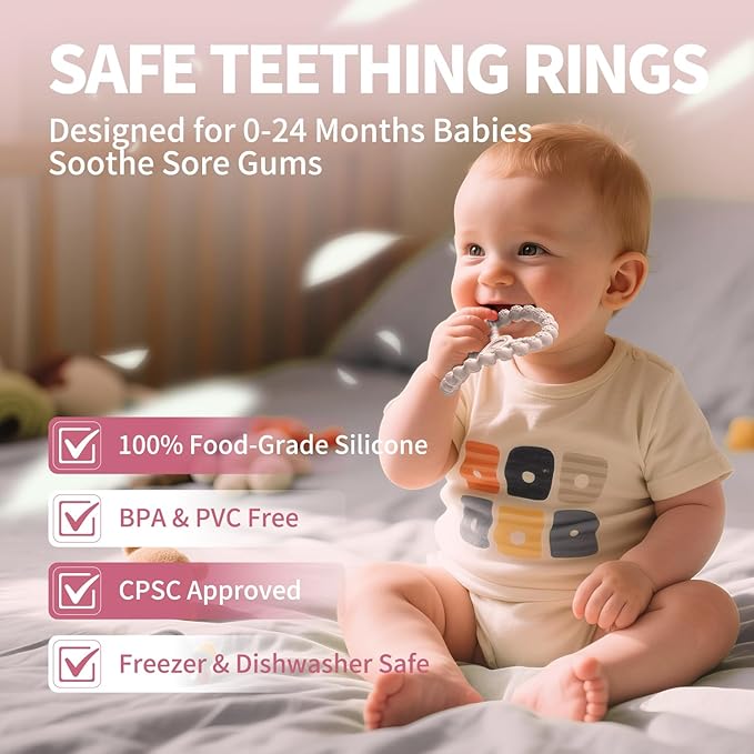 3 Pack Baby Teething Toys 3-6 Months, Silicone Ring Teethers for Babies 6-12 Months, Freezer Safe Chew Toy with Textured Grip for Boys Girls Teething Relief, Infant Easter Gift (Sandy Rose Pink)
