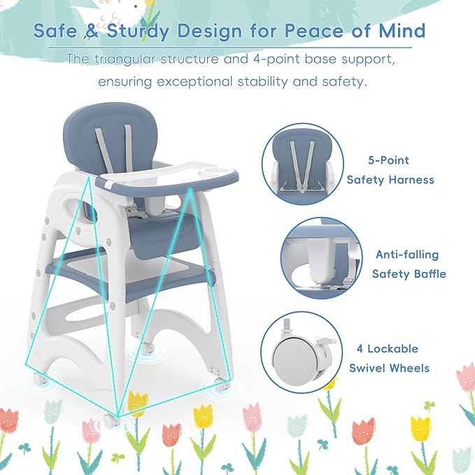 Xilingol 8 in 1 Convertible Baby High Chair W/Wheels, Baby Feeding Chair W/Adjustable Backrest & Removable Dual Tray, Building Block Table & Chair Set, HighChair for Babies & Toddlers (Blue)
