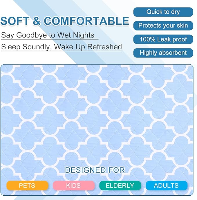 OUTCREATOR® Washable Bed Pads 34" x 36" (Pack of 2), Incontinence Mattress Protector, Anti-Slip Waterproof Underpads for Adults Kids Elderly Pets, Absorbency & Reusable Bedwetting Pads (Blue)