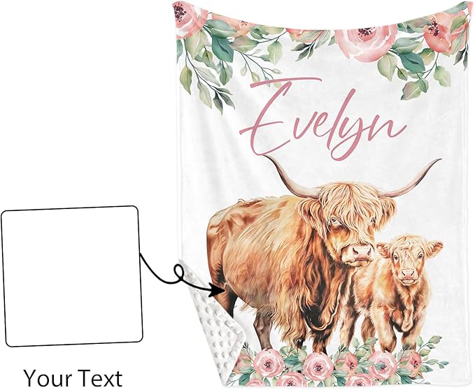 Personalized Nursery Crib Bedding Set: Custom Name Floral 5 Piece Baby Crib Sets with Highland Cow Design - Toddler Double Layer Blanket Set, Comfortable Crib Bed Sheets for Baby Grils