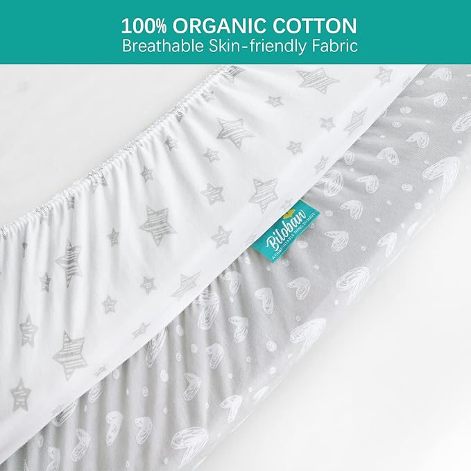 Waterproof Pack n Play Fitted Sheets 2 Pack,100% Cotton Mini Crib Mattress Cover Protector 38" X 25" Fits for Baby Playpen/Playard Mattress, Portable Crib Sheet, White & Grey Star Print