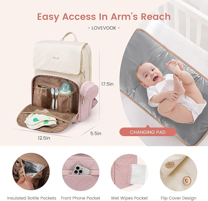 LOVEVOOK Diaper Bag Backpack, Baby Travel Bags for Boys & Girl, Toddler Waterproof Diaper Bag w/Changing Pad, Stroller Straps, Pacifier Case, Newborn Essentials Must Haves Mom