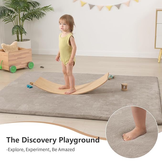 Baby Play Mat for Floor,Extra Large 59"×71" Tummy Time Mat,Thicker Memory Foam Mat for Toddler,Infant,Kids,Water Repellent Ultra Soft Coral Velvet,Non-Slip Backing Safe for Crawling(Beige)