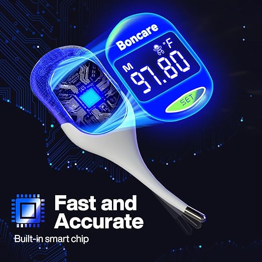 Boncare 9 Seconds Digital Basal Thermometer - Accurate Oral & Rectal Thermometer for Adults & Kids, Fever Alarm, Large Display (Blue)