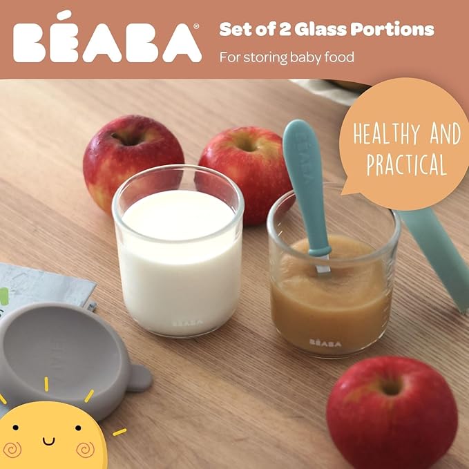 BEABA 2 Pack Glass Baby Food Jars with Soft Silicone Air Tight Lids, 8 oz Glass Storage Containers with Lids, Microwave and Freezer Safe Containers, Midnight