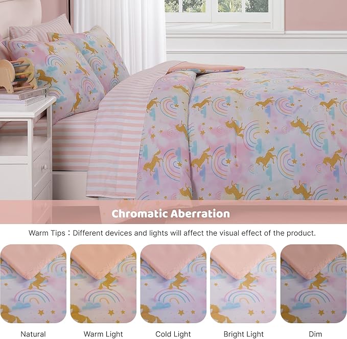 Twin Comforter Set with Sheets for Girls-5 Pieces Twin Bedding Sets with Pink Comforter, Sheets, Pillowcase & Sham for Kids (Gold Unicorn, 66" X 86")