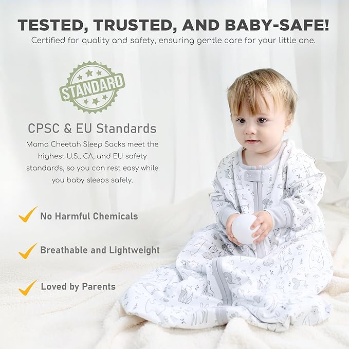 Mama Cheetah Baby Sleep Sack with Sleeves, 0.5 TOG Organic Cotton Wearable Blanket and Two-Way Zipper, Swaddle Transition Long Sleeve Sleeping Bag for Newborn Infant Toddler, 6-12 Months