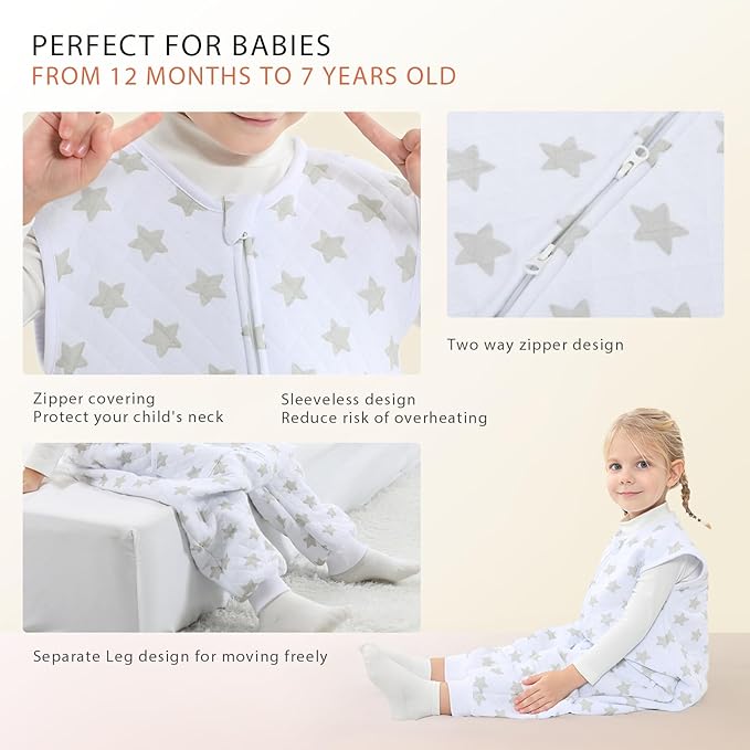 Baby Toddler Sleep Sack with Feet 2.5 TOG Winter, Wearable Blanket with Legs, Toddler Sleeping Sack Long Sleeve (Greystar, 12-24 Month)