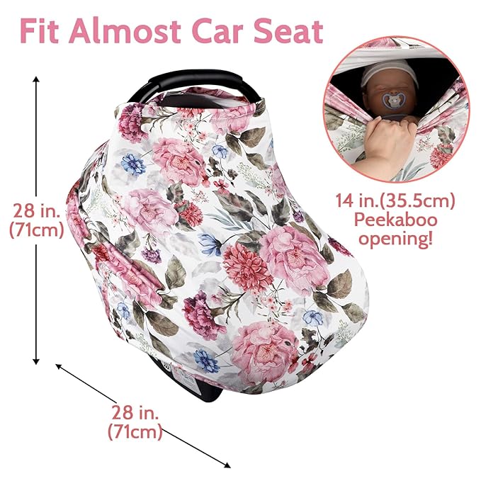 Nursing Cover Breastfeeding, Multi-use Baby CarSeat Cover Girls, Infant Stroller Car Seat Cover, Stretchy Carseat Canopy, Soft Breathable, Peony