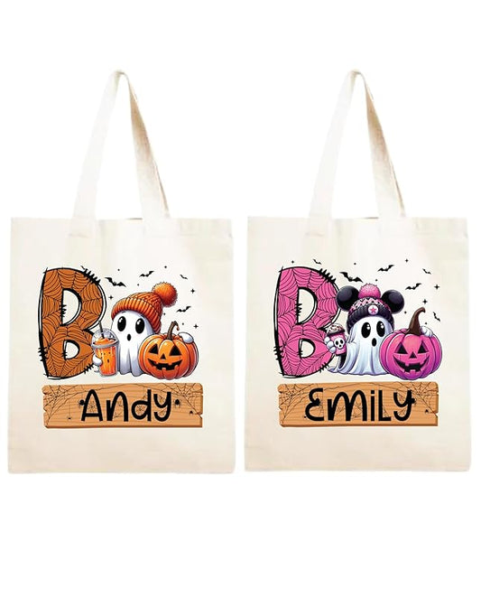 Personalized Trick or Treat Bags Custom Name Halloween Canvas Tote Bags for Kids Pumpkin Ghost Boo Bag Halloween Tote Bags for Girls and Boys Reusable Candy Totes 15" x 16"
