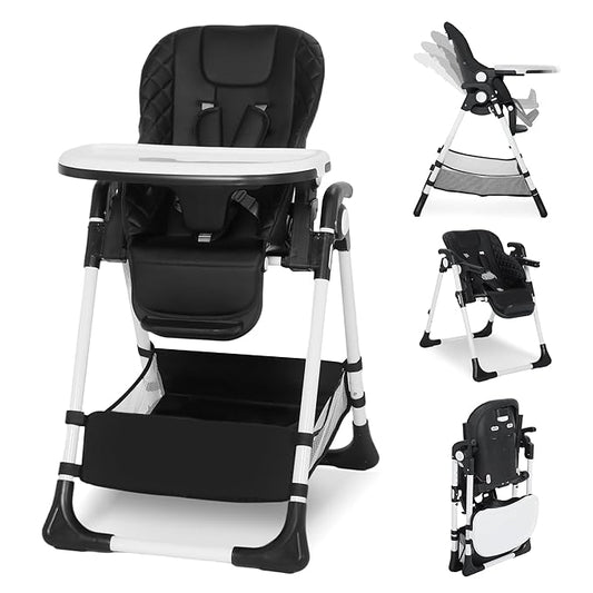 Kinder King Convertible Baby High Chair, Adjustable Feeding Chair for Babies and Toddlers with Removable Double Tray, Simple Compact Fold for Space-Saving, 2 Built-in Wheels, Easy to Clean, Black