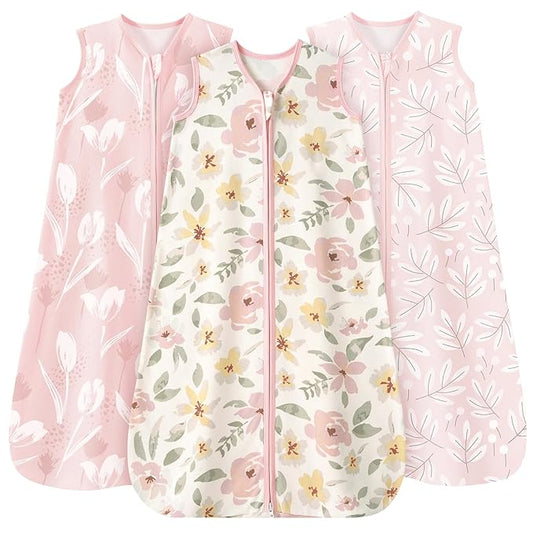 Baby Sleep Sack 0-6 Months 3 Pack 100% Cotton Lightweight 0.5 TOG Wearable Blanket Baby Sleep Bag with 2-Way Zipper for Newborn Infant Pink Flowers & Leaf