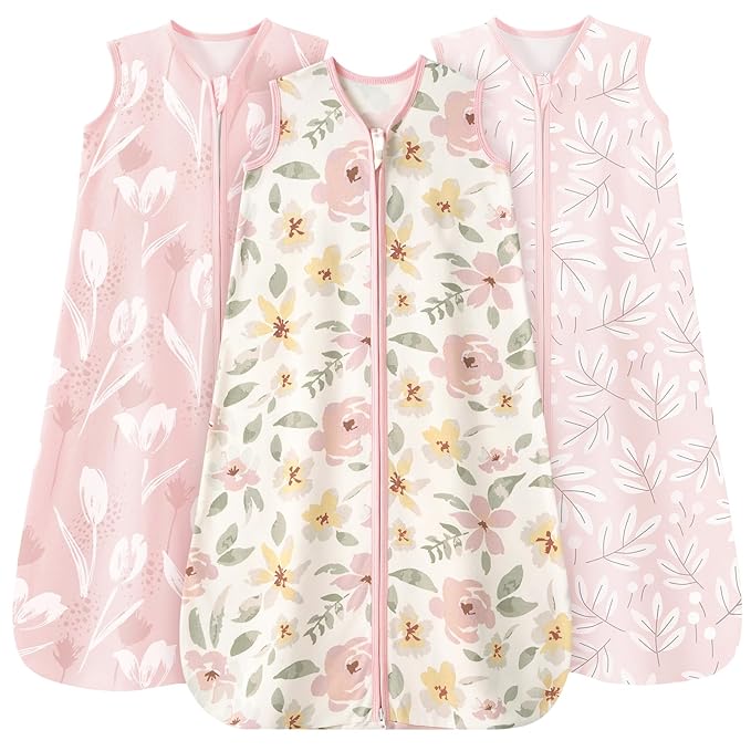 Baby Sleep Sack 6-12 Months 3 Pack 100% Cotton Lightweight 0.5 TOG Wearable Blanket Baby Sleep Bag with 2-Way Zipper for Newborn Infant Pink Flowers & Leaf