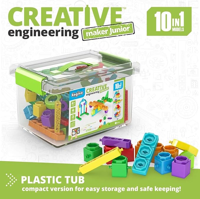 Engino STEAM Maker Junior- 10 Model Set, Stackable Building Blocks for Kids 4+, STEM Building Toys, Engineering Kit for Young Inventors, Educational Toys, Gift for Boys & Girls