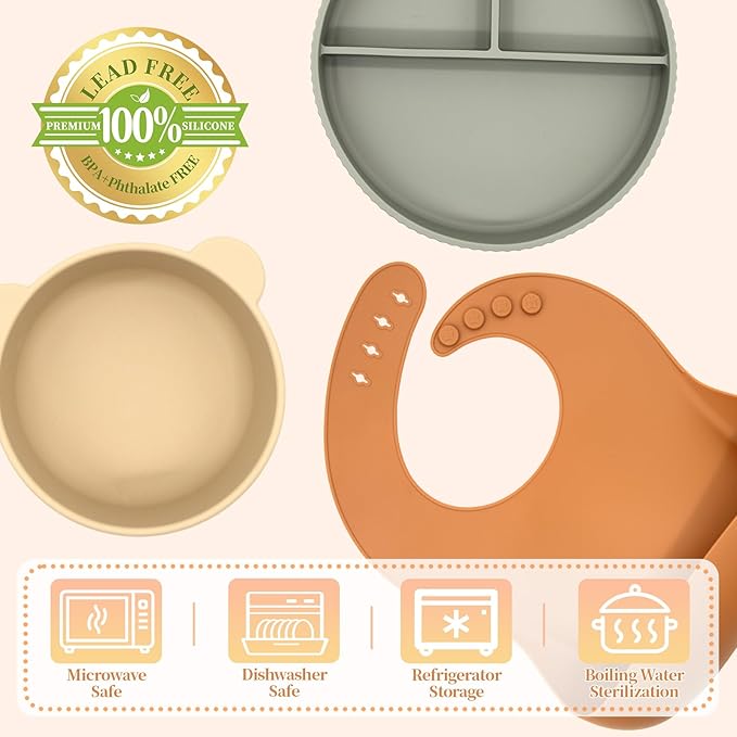 Silicone Baby Feeding Set 21 Pcs, Baby Led Weaning Supplies, Baby Feeding Supplies Set BPA Free, Essentials for Newborn Gift Walnut Color, Beige, Smoky Gray
