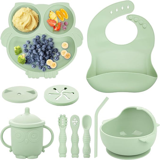 Baby Weaning Set, Silicone Feeding Set(10 Pcs), Toddler Set with Adjustable Bib, Suction Bowl, Plate, Fork, Spoon, Water & Snack Cup Kit, Led Kit for Babies, and Kids Green GJTZ-04