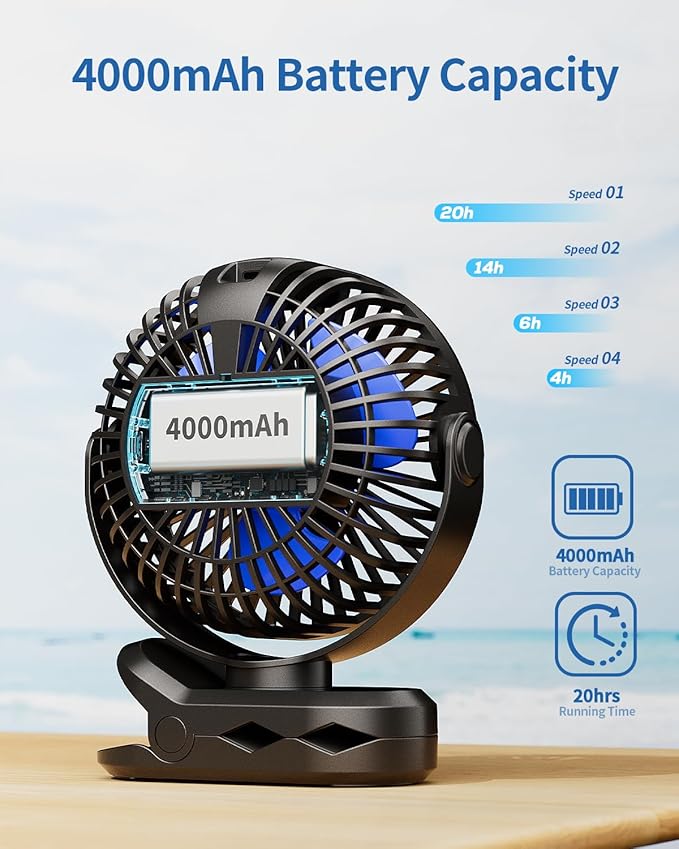 SWEETFULL Portable Clip on Fan - Battery Operated Stroller Fan, 4000mAh Small Rechargeable Fans with LED Display, 4 Speeds, Mini Personal Cooling Desk Cooler for Golf Cart Travel Camping Gym (Black)
