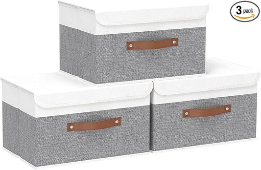 Yawinhe Collapsible Storage Bin, Cube Organizer Basket, Fabric Box with Lids, Washable and Leather Handle, for Home, Closet, White/Grey, 13.0''Lx9.0''Wx7.9''H, 3-Pack, SNK024WGS-3