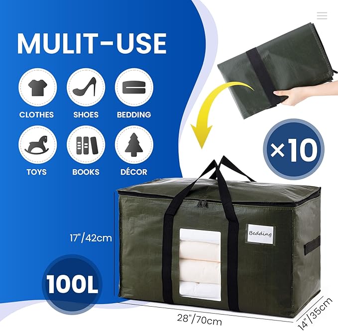 TAILI 10 Pack Green Extra Large Storage Bags, Heavy Duty Totes with Visible Window, Wrap Around Handles, Perfect for Moving