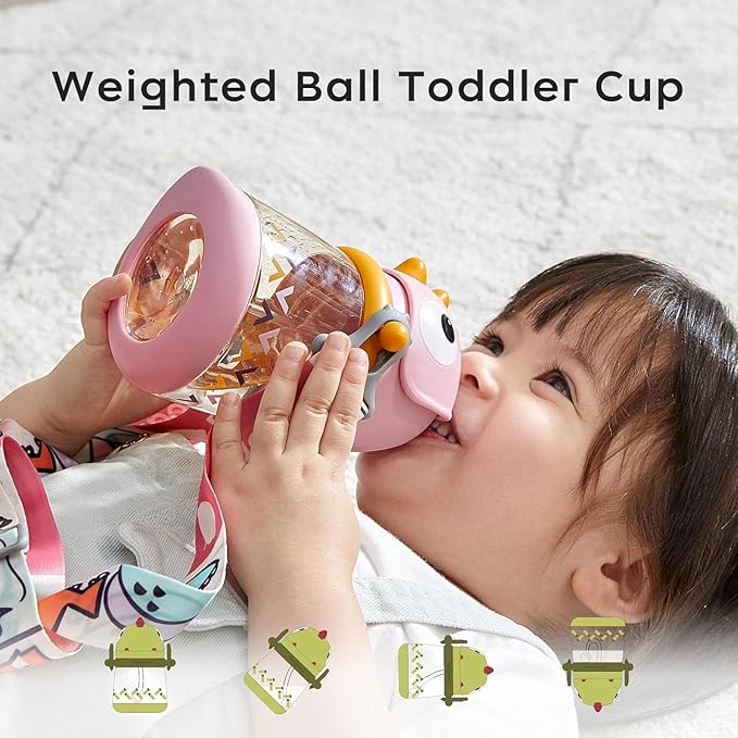 bc babycare Straw Sippy Cups for Toddler, No Spill Sippy Cups for Baby 1+ Year Old, Transition Weighted Sippy Cup with Straw and Strap, 10oz/300ml, Pink