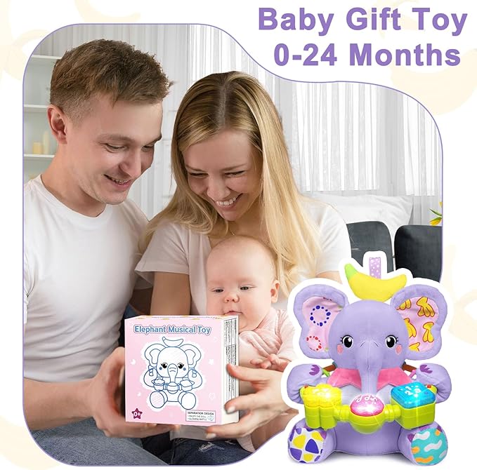 Baby Elephant Musical Stuffed Animals Toy with Light-Up Music & Crinkle Sound Paper,Infant Bilingual Early Learning Education Toys,Tummy Time Toys for 0-3-6-12+ Months Boy Girl, Purple