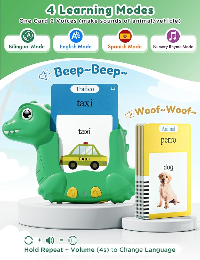 Spanish and English Talking Flash Cards for Toddlers with 510 Sight Words, Dinosaur Shaped Bilingual Pocket Speech Therapy and Autism Toys, Educational Learning Toys Gift for Kid Boys Girls