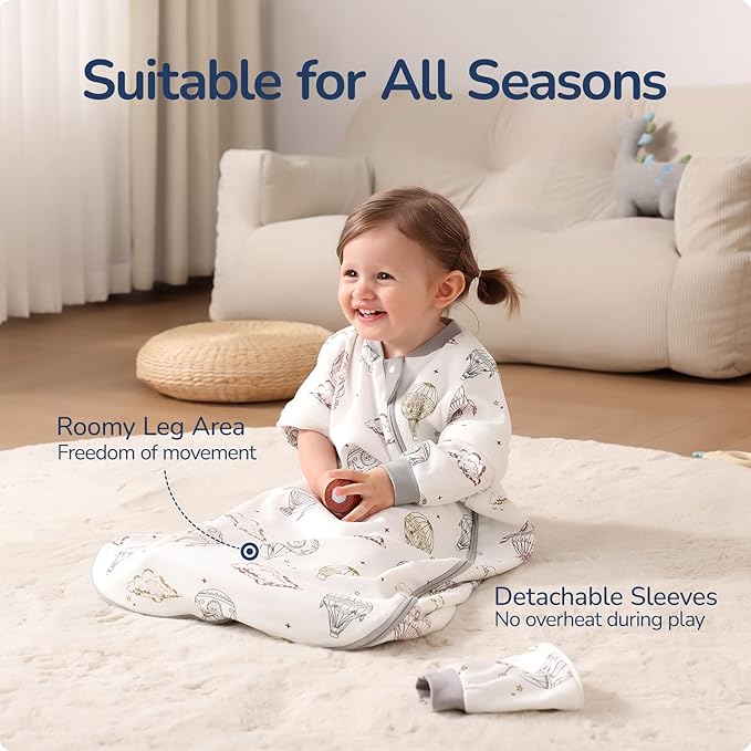 Baby Sleep Sack 12-18 Months, Cotton Detachable Long Sleeve Sleep Sack, 2.5 Tog Toddler Sleeping Sack with Temperature Strips, 2-Way Zipper Wearable Blankets for Newborns, Hot Air Balloon