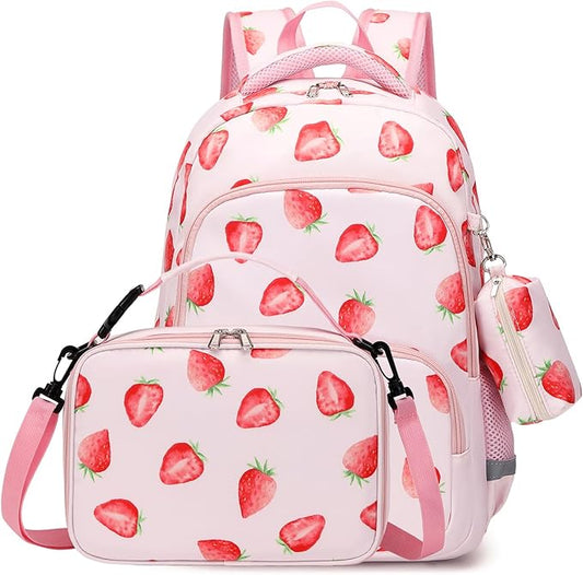 mygreen 3PCS Kids Backpack Set - Waterproof Bookbag with Lunch Box for Girls Ages 3-12, Adorable Cartoon Prints for School & Outdoor Use Pink Strawberry