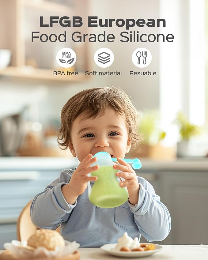 Silicone Reusable Baby Food Pouches with Straws, 8 Pack Leakproof Refillable Squeeze Pouches, Dishwasher, Freezer, Microwave Safe, 5OZ Baby Food Storage for Homemade Puree, Yogurt