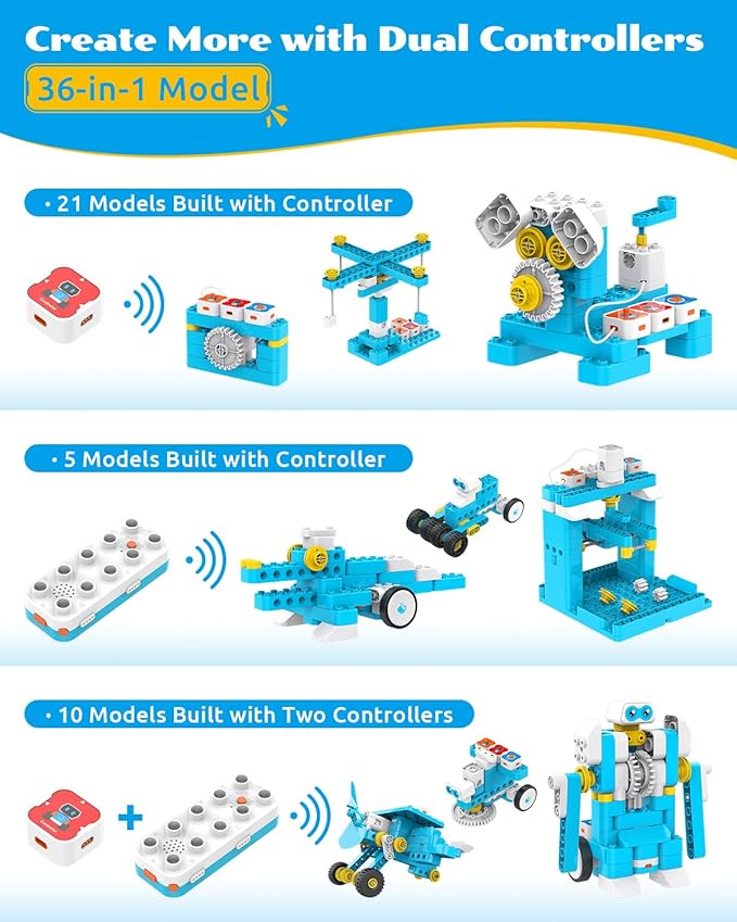 WhalesBot A7 36-in-1 Kids Coding & RC Robot Kit, 160+ Piece Educational Building Set with Sensors & 2 Controllers & Motors, Interactive Storytelling & Play Cards, Toy Gift for Boys & Girls Ages 3-8