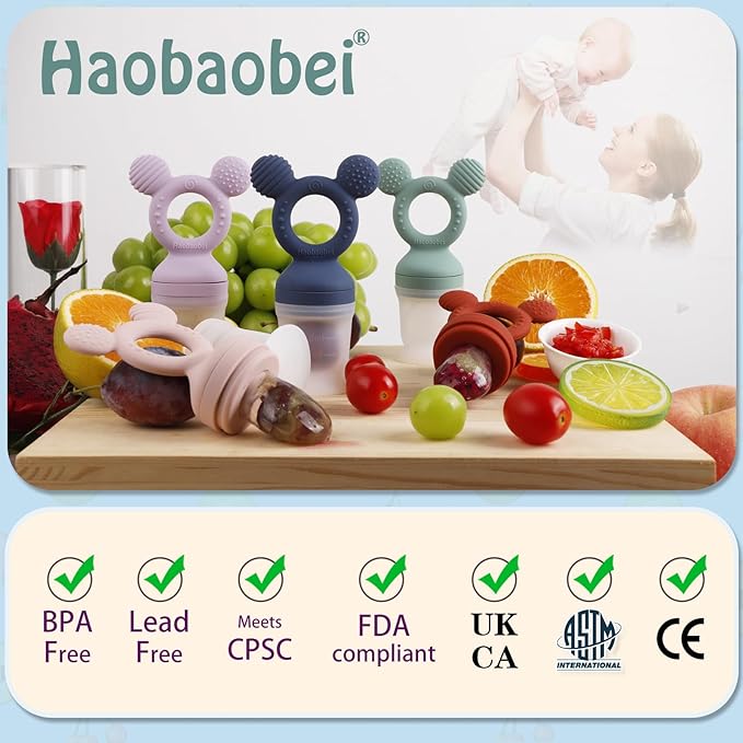 Baby Fruit Feeder, Frozen Teething Toys for Babies, Teether Pacifier with 3 Extra Teats, Eating Essentials, BPA Free Baby Feeding Supplies (Lavender)