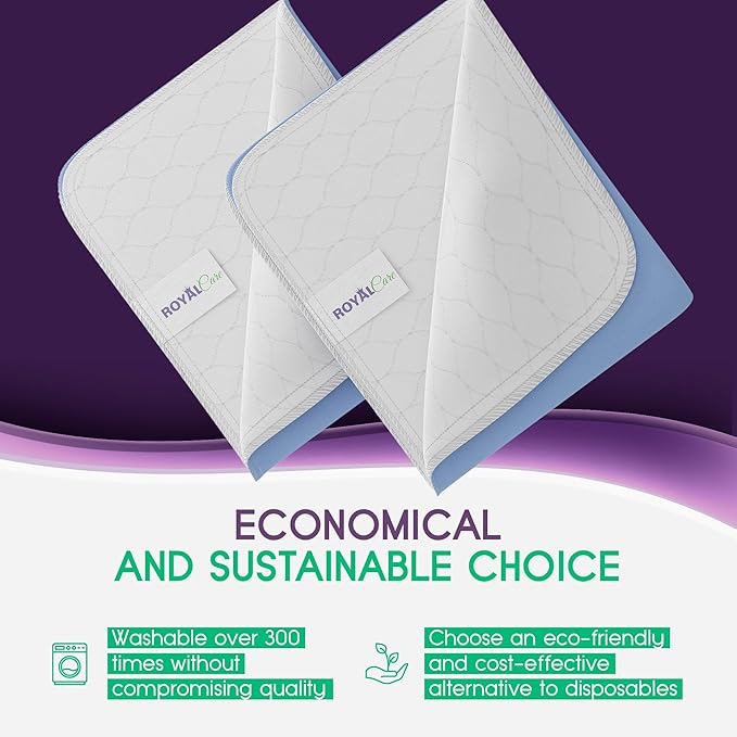 Incontinence Bed Pads - 2 Pack 34"x 52" Reusable Waterproof Mattress Protectors - Highly Absorbent, Machine Washable - for Children, Pets and Seniors - Blue - Royal Care