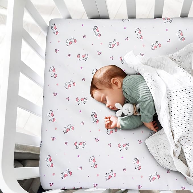 Mini Crib Sheets Set for Girls, 4 Pack, Mini Portable Crib Sheets for Girs (38" X 24") | Multiuse for Pack n Play, Playard, Playpen, Mini Crib, Pink Print