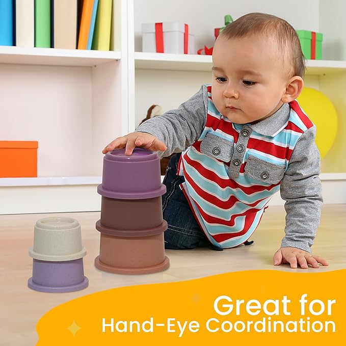 Stacking Cups Baby Toy Educational Cup Stacking Set 8-Pc Stackable Cups with Number Rainbow Nesting Cups for Babies 6-12 Months Stacking Cups for Toddlers 1-3 Perfect for Indoor/Outdoor