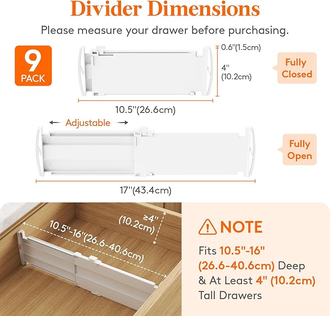 Lifewit 9 Pack Drawer Dividers 4" High, 10.5-16.5" Dresser Drawer Divider, Adjustable Drawer Organizers for Clothes, Plastic Drawers Separators for Dresser, Bedroom, Bathroom, Kitchen, Office