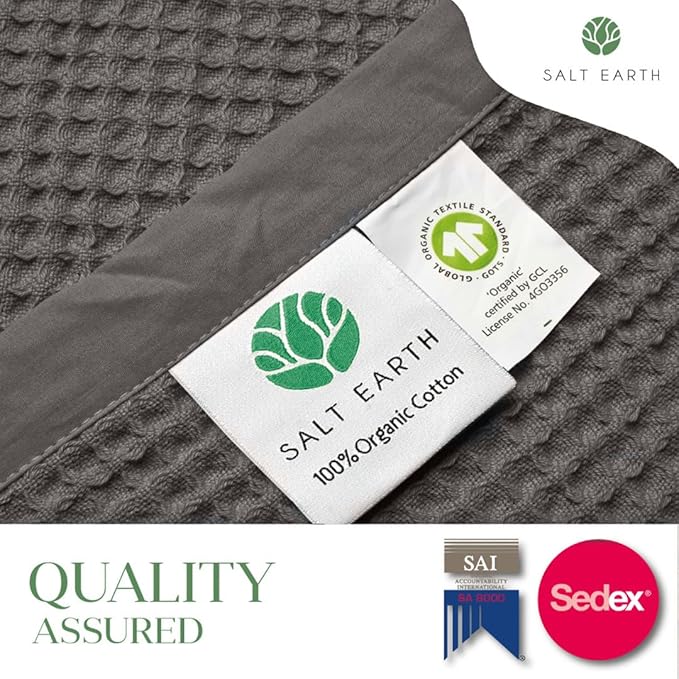Salt Earth GOTS Certified 100% Organic Cotton Throw Blanket, 90" X 90" Waffle Blankets & Throws for Bed, Throw Blanket for Couch, Modern & Cozy Blanket, All Season,Comfy & Soft Blanket(Charcoal Grey)