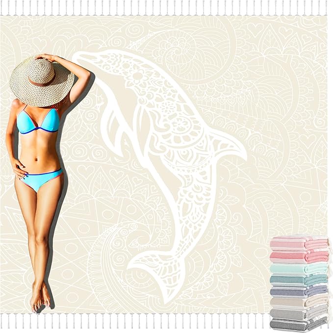 Oversized Turkish Beach Towel Blanket Cotton Giant XL Sandproof Towels Huge Linen XXL Extra Large Big Throw Quilt Blankets for Adults Beige Dolphin