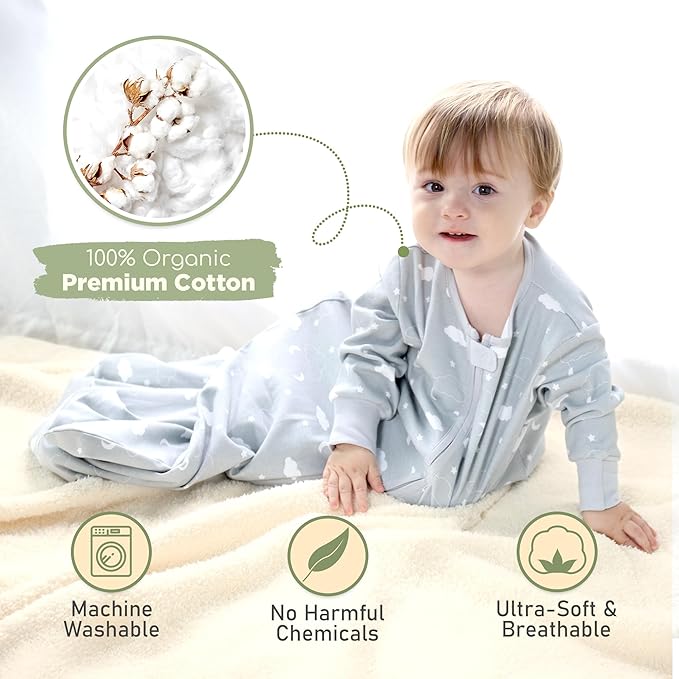 Mama Cheetah Baby Sleep Sack with Sleeves, 0.5 TOG Organic Cotton Wearable Blanket and Two-Way Zipper, Swaddle Transition Long Sleeve Sleeping Bag for Newborn Infant Toddler, 12-18 Months