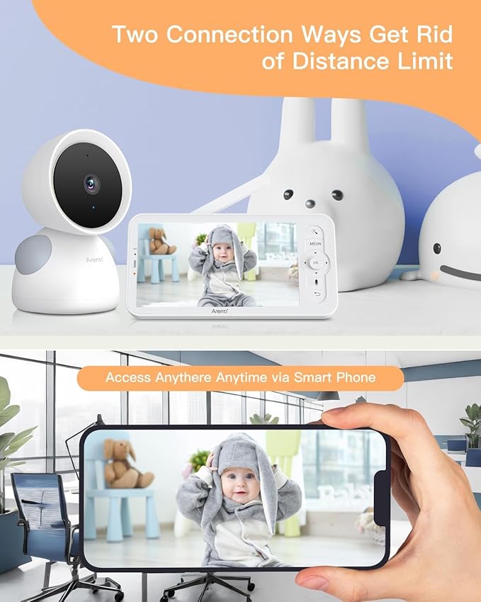 ARENTI Baby Monitor, 2K/3MP WiFi 6 Camera and Audio, 5-inch Wireless Screen, Smartphone App, Super Night Vision, Crying Detection, Auto Tracking, Temp&Humidity Sensor, Cloud&SD Card Storage (D3 Kit)