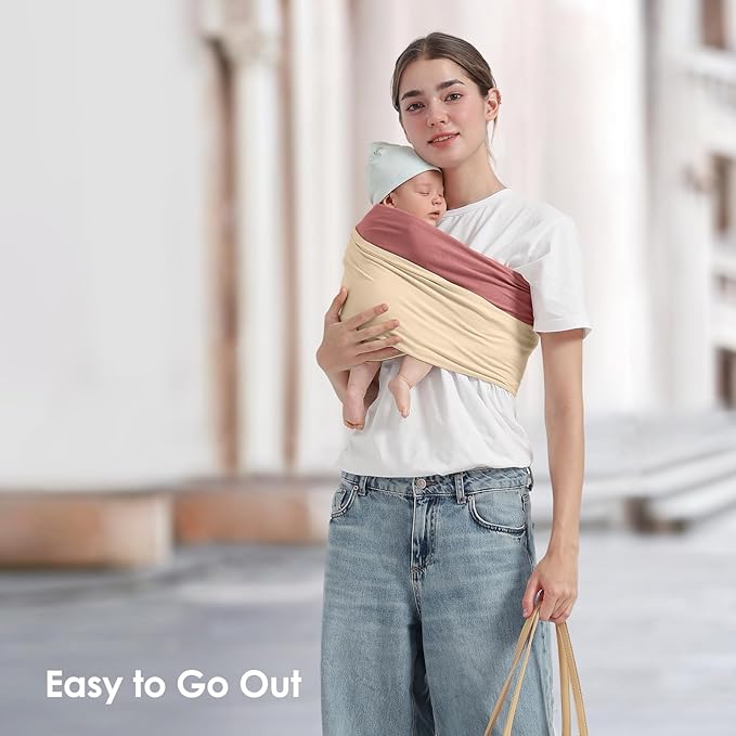 Baby Wrap Carrier, Lightweight Baby Wearing Wraps for Newborn and Infant, Soft Swaddle Holder Carrier, Cozy Baby Sling 7-35 lbs Cream+Pink