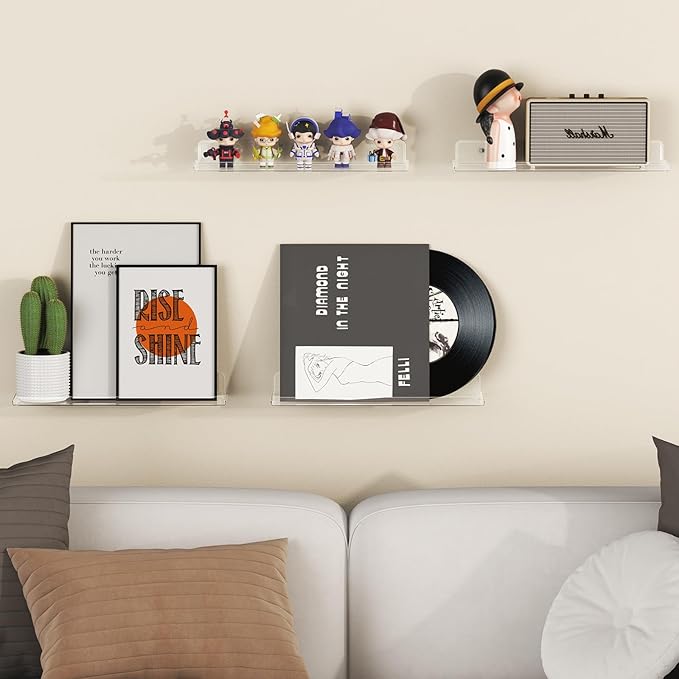 Lifewit Floating Shelves for Wall, 4 Pack 15" Clear Acrylic Shelf Room Decor for Book/Figures/Photo/Makeup in Bathroom, Book Shelf, Living Room, Bedroom, Kitchen Storage and Organization