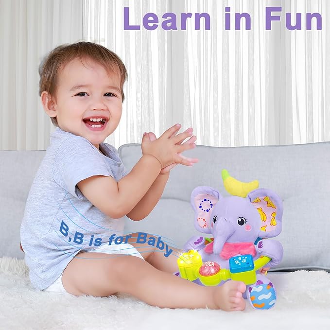Baby Elephant Musical Stuffed Animals Toy with Light-Up Music & Crinkle Sound Paper,Infant Bilingual Early Learning Education Toys,Tummy Time Toys for 0-3-6-12+ Months Boy Girl, Purple