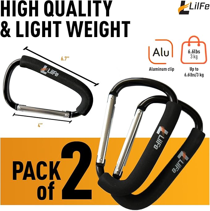 LilFe Stroller Hooks, 6.7" Large Stroller Clip, 2 Pack Large Carabiner Stroller Hooks for Hanging Bags and Shopping, Stroller Accessories for Mommy