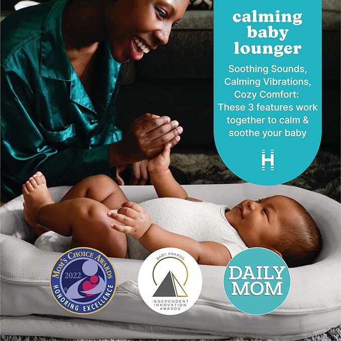 MyBaby 3-in-1 Calming Baby Cushion, Soothing Comfort for Newborns & Infants, Snuggling Sensation, Sound and Vibration, Designed for Safety, Rechargeable & Machine-Washable, by Homedics, Gray