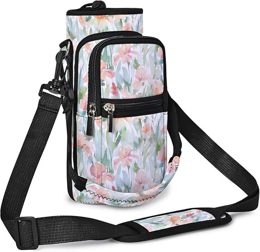 25/32/40/64oz Water Bottle Bag Holder Carrier-Insulated Crossbody Sling Case Sleeve with Strap & Pockets for Men Women Gym Cycling Travel Walking Hiking Camping