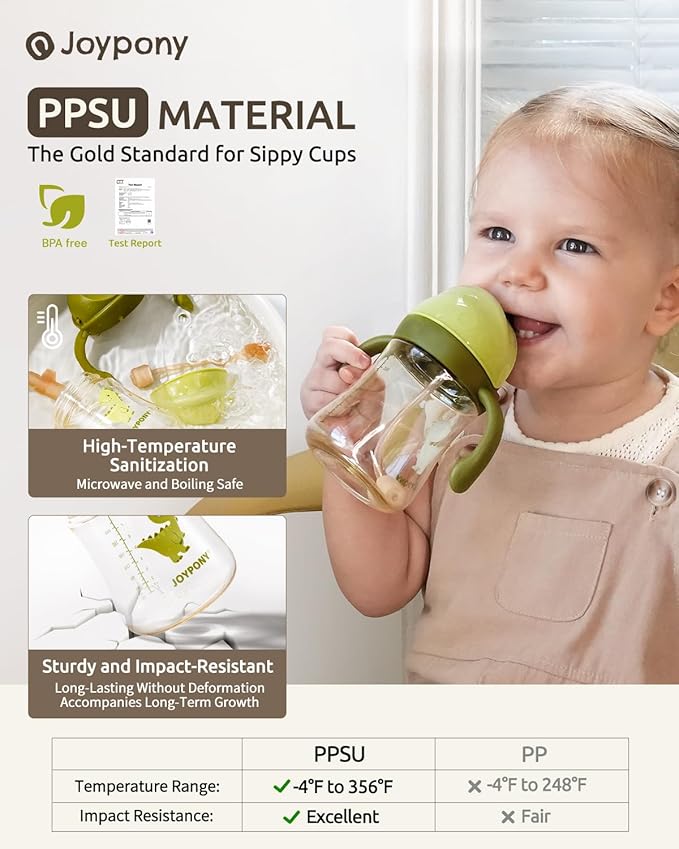 Sippy Cups for Toddlers 1-3, Spill Proof Weighted Straw Cup with Handle for Baby 6 Months + old, 2 Pack, Total 4 Silicone Straws, PPSU, BPA Free, 9 oz (Green)